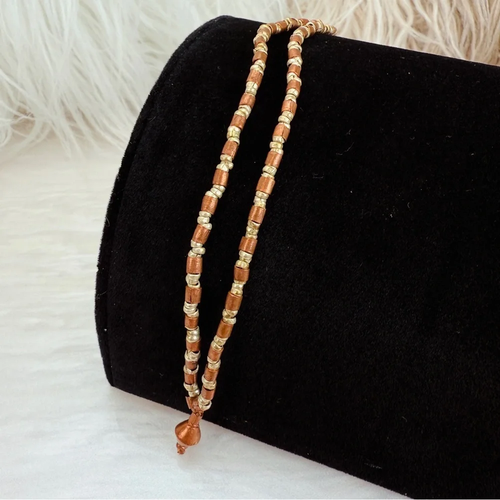Vintage Double Strand Copper Silver Finish Beaded Necklace Mixed Metal Boho